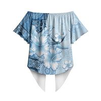 Hawaii Tapa Pattern With Blue Hibiscus Off Shoulder Wrap Waist Top LT05 - Polynesian Pride