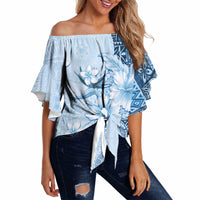 Hawaii Tapa Pattern With Blue Hibiscus Off Shoulder Wrap Waist Top LT05 - Polynesian Pride