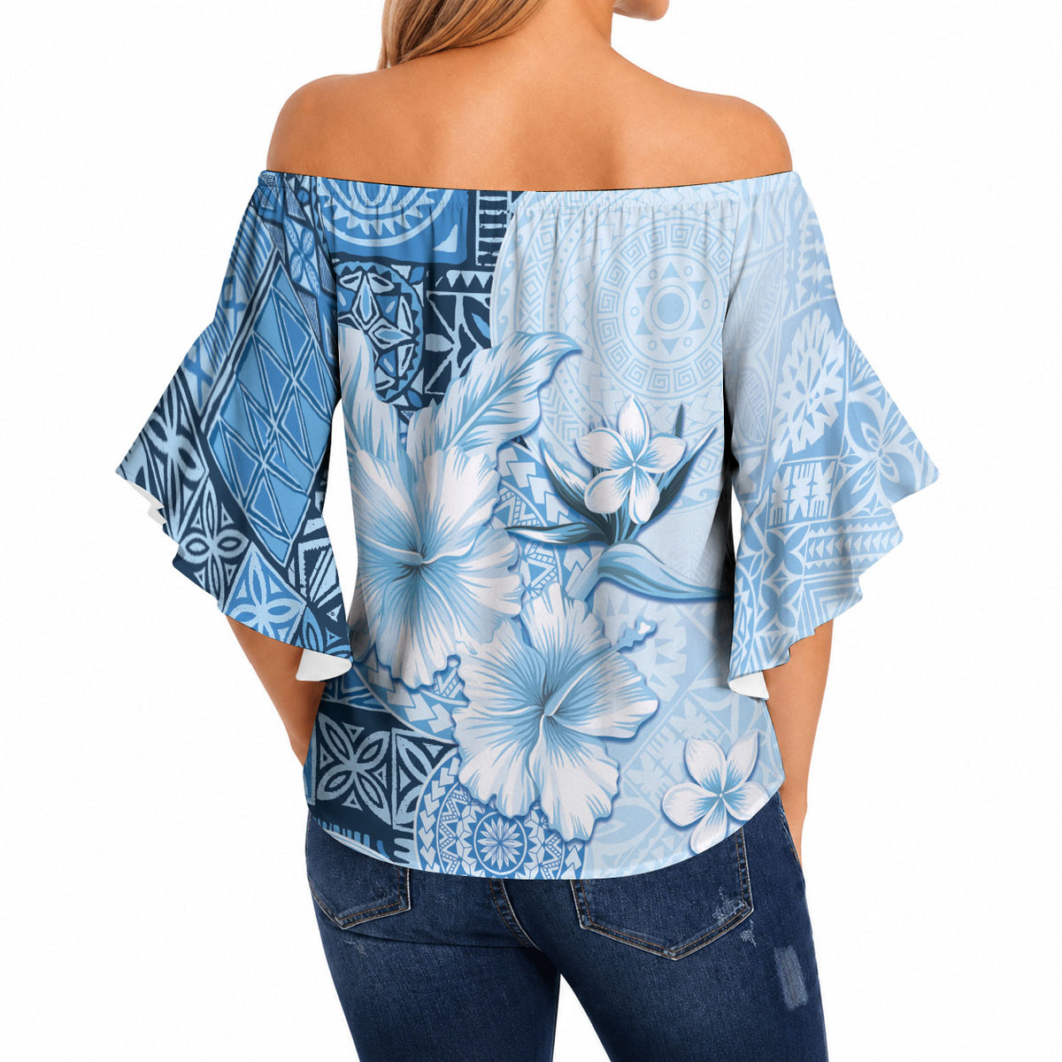 Hawaii Tapa Pattern With Blue Hibiscus Off Shoulder Wrap Waist Top LT05 - Polynesian Pride