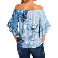 Hawaii Tapa Pattern With Blue Hibiscus Off Shoulder Wrap Waist Top LT05 - Polynesian Pride