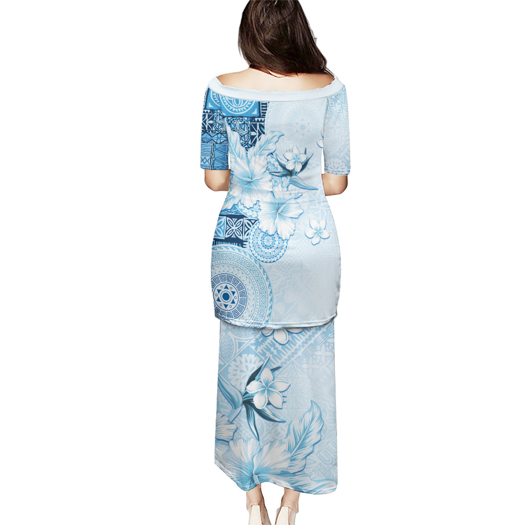 Hawaii Tapa Pattern With Blue Hibiscus Puletasi