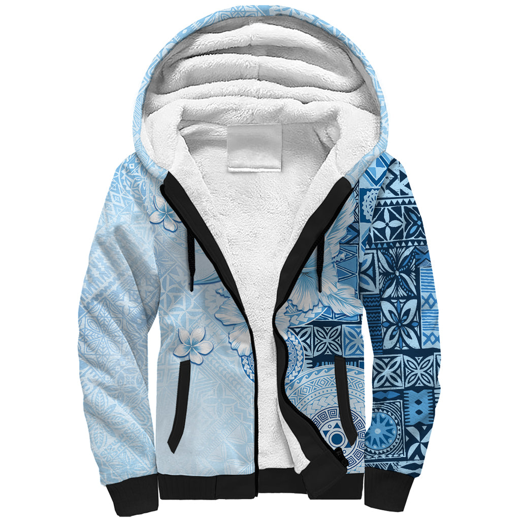 Hawaii Tapa Pattern With Blue Hibiscus Sherpa Hoodie LT05 Unisex Blue - Polynesian Pride