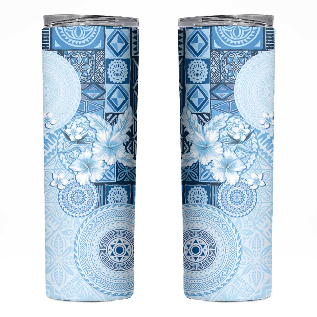 Hawaii Tapa Pattern With Blue Hibiscus Skinny Tumbler LT05 Blue - Polynesian Pride