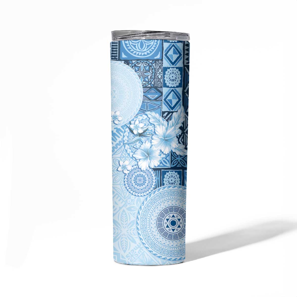 Hawaii Tapa Pattern With Blue Hibiscus Skinny Tumbler LT05 - Polynesian Pride