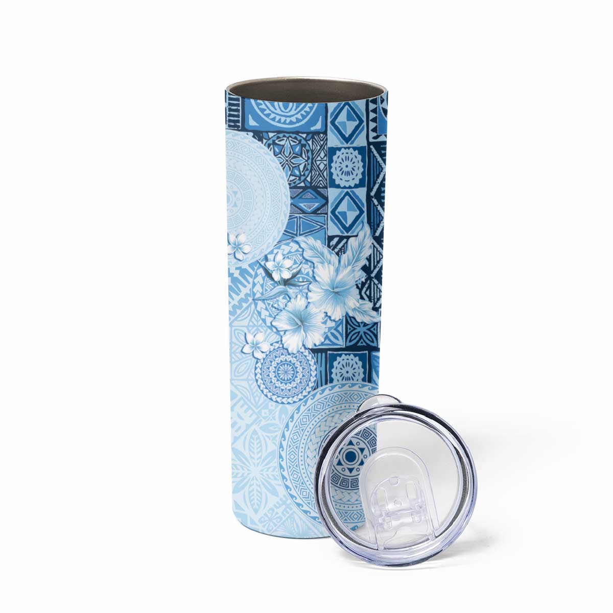 Hawaii Tapa Pattern With Blue Hibiscus Skinny Tumbler LT05 - Polynesian Pride
