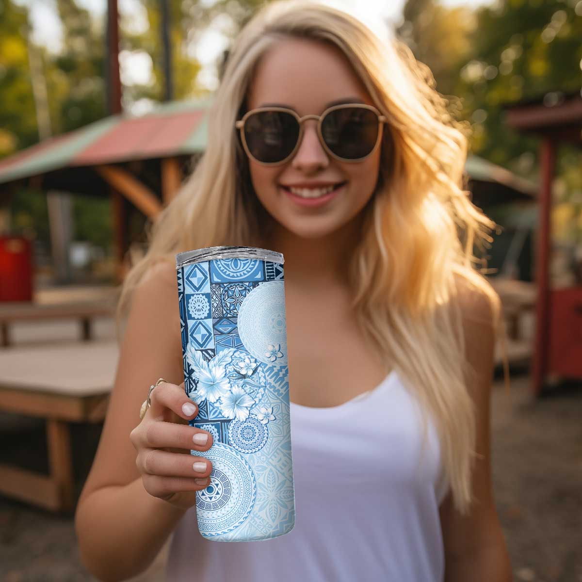 Hawaii Tapa Pattern With Blue Hibiscus Skinny Tumbler LT05 - Polynesian Pride