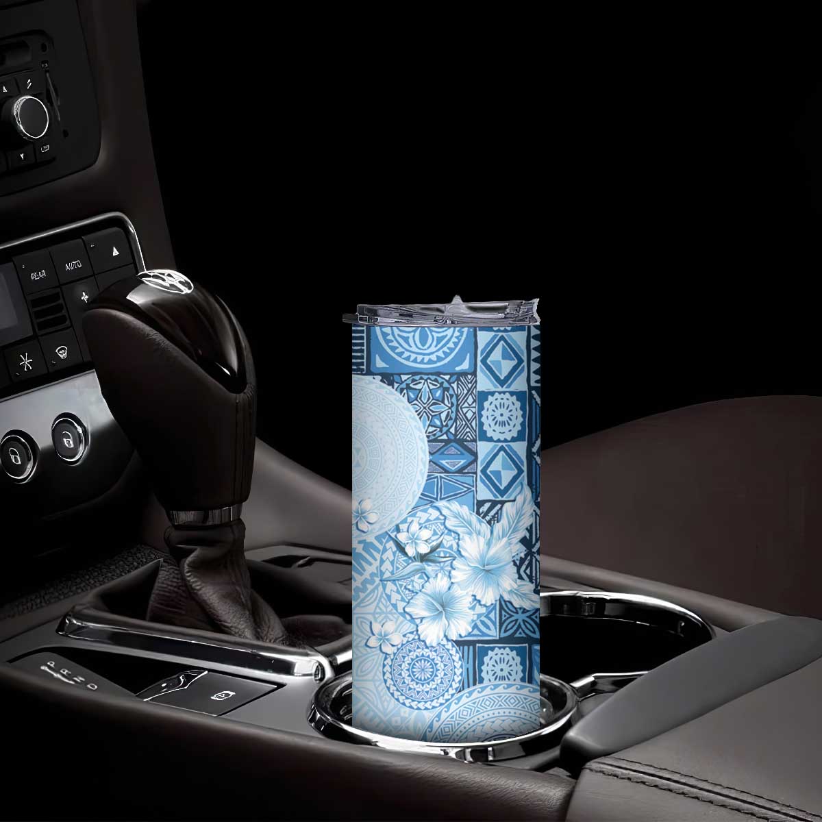 Hawaii Tapa Pattern With Blue Hibiscus Skinny Tumbler LT05 - Polynesian Pride