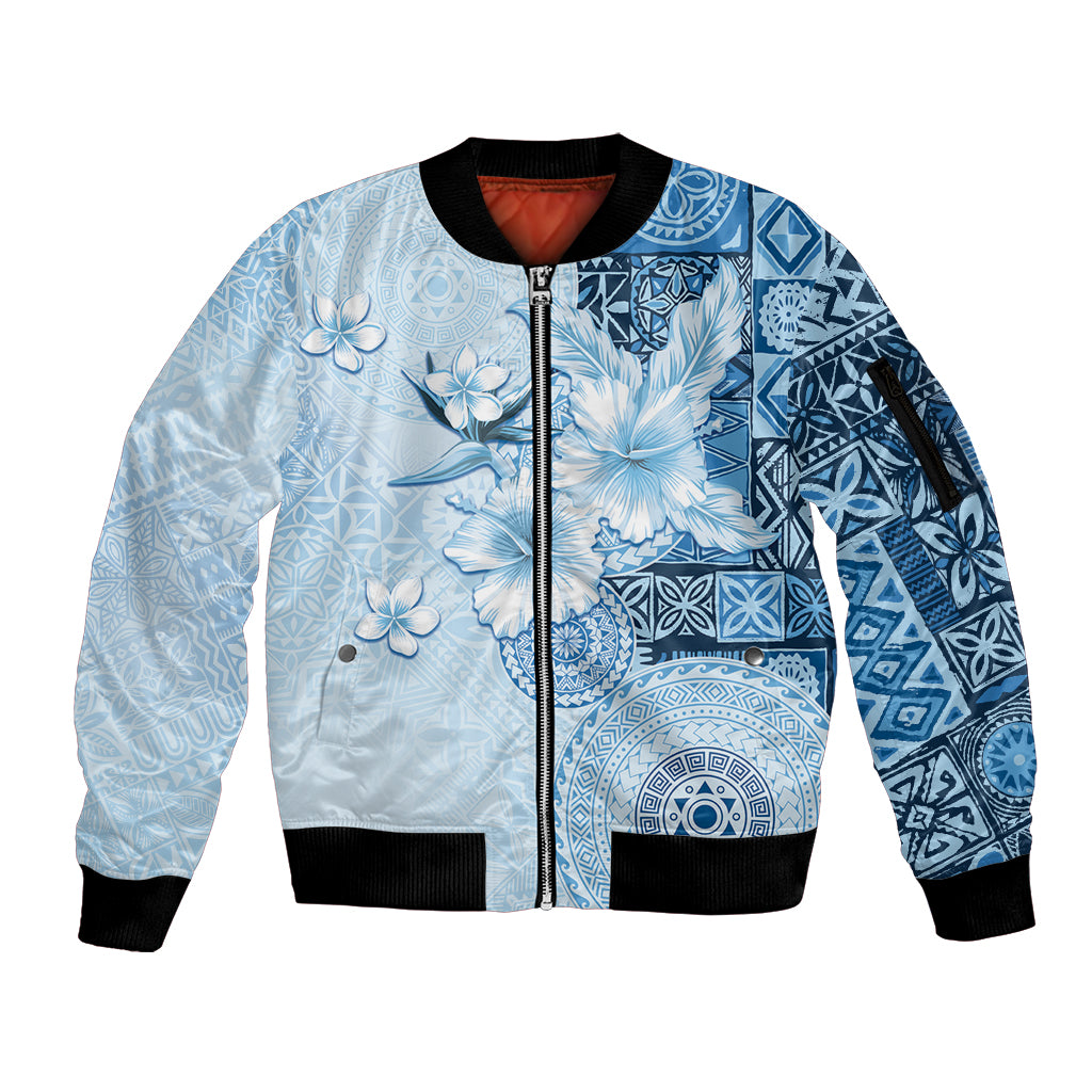 Hawaii Tapa Pattern With Blue Hibiscus Sleeve Zip Bomber Jacket LT05 Unisex Blue - Polynesian Pride