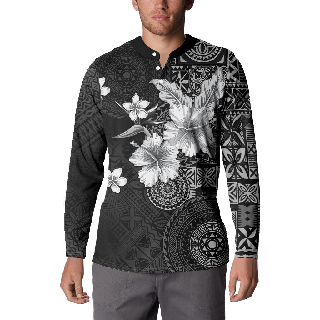 Hawaii Tapa Pattern With Black Hibiscus Button Sweatshirt