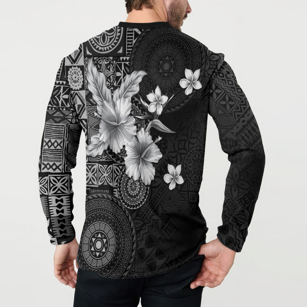Hawaii Tapa Pattern With Black Hibiscus Button Sweatshirt