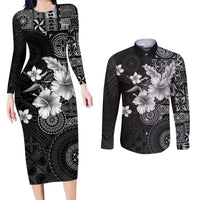 Hawaii Tapa Pattern With Black Hibiscus Couples Matching Long Sleeve Bodycon Dress and Long Sleeve Button Shirt