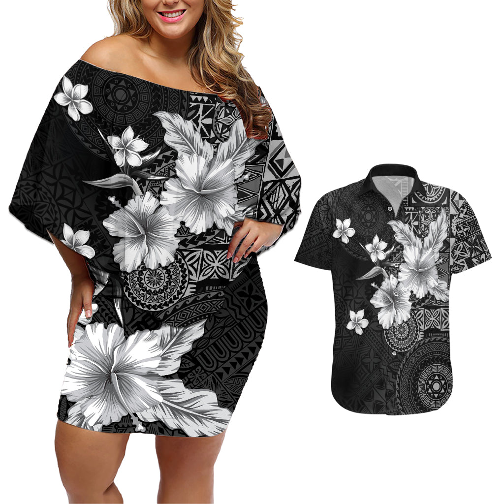 Hawaii Tapa Pattern With Black Hibiscus Couples Matching Off Shoulder Short Dress and Hawaiian Shirt