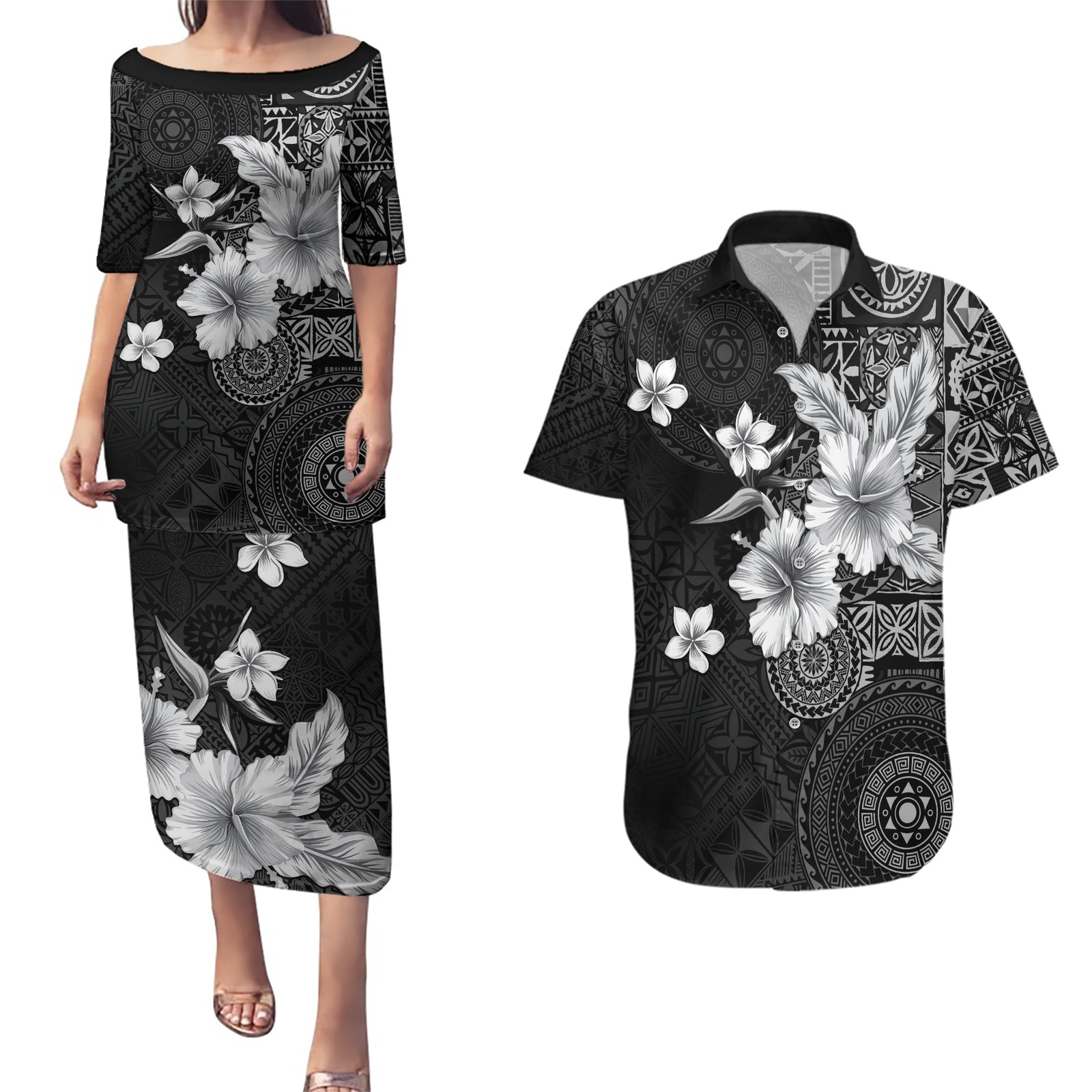 Hawaii Tapa Pattern With Black Hibiscus Couples Matching Puletasi and Hawaiian Shirt LT05 Black - Polynesian Pride