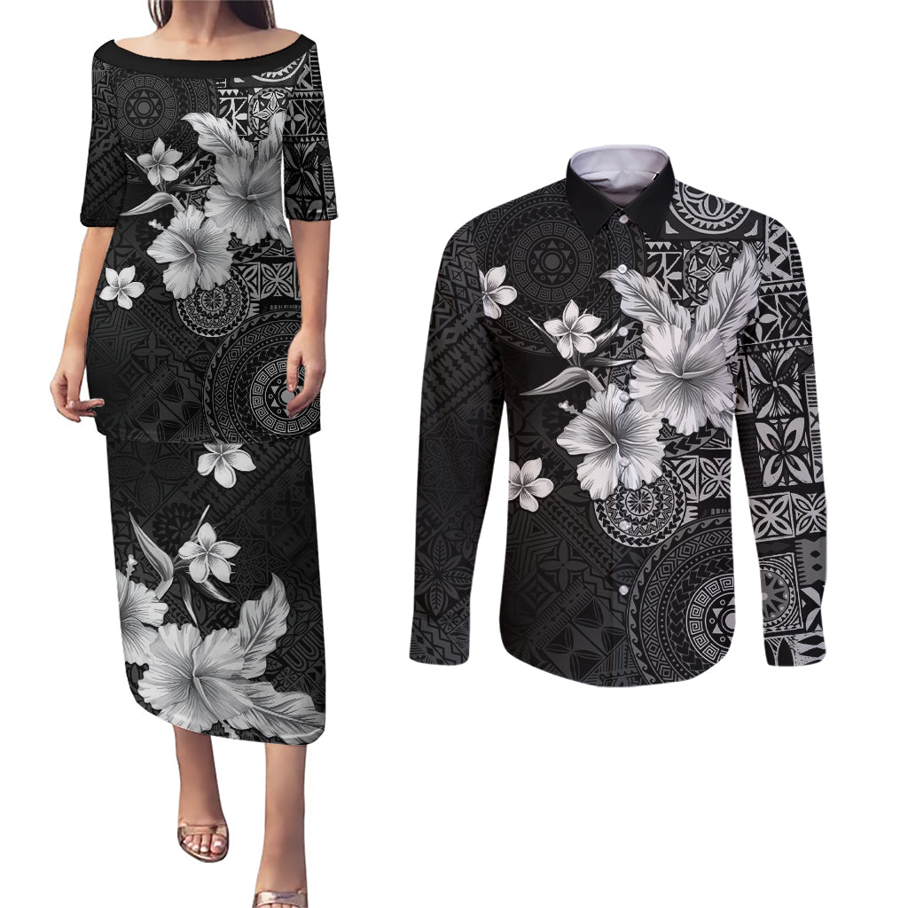 Hawaii Tapa Pattern With Black Hibiscus Couples Matching Puletasi and Long Sleeve Button Shirt LT05 Black - Polynesian Pride