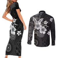 Hawaii Tapa Pattern With Black Hibiscus Couples Matching Short Sleeve Bodycon Dress and Long Sleeve Button Shirt