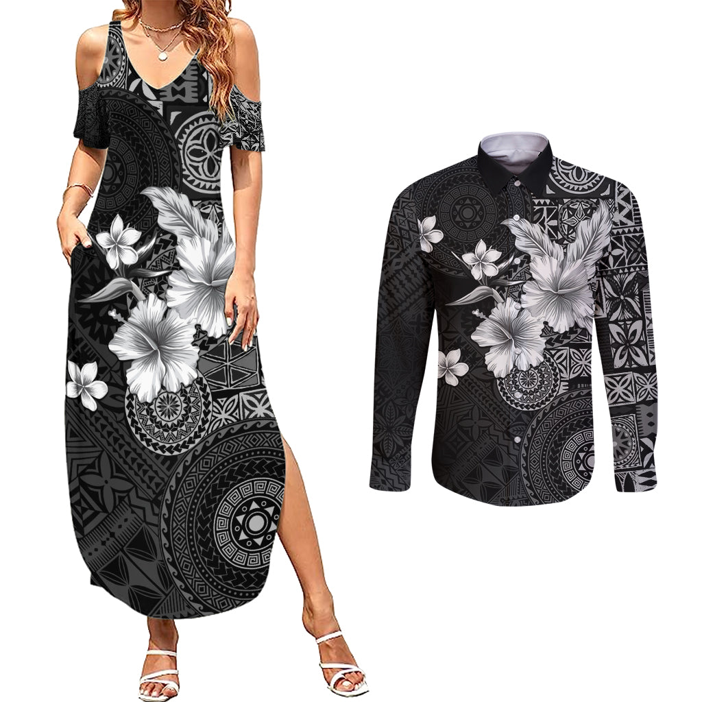 Hawaii Tapa Pattern With Black Hibiscus Couples Matching Summer Maxi Dress and Long Sleeve Button Shirt