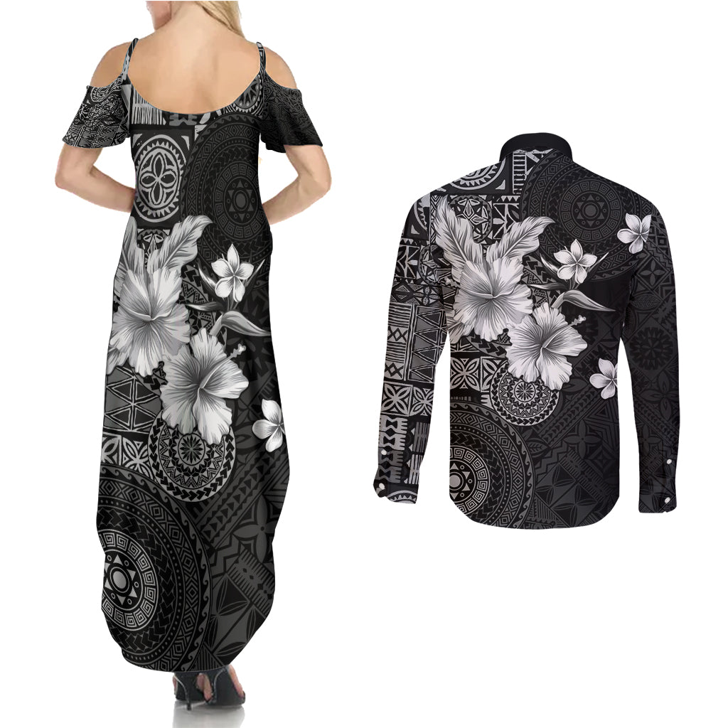 Hawaii Tapa Pattern With Black Hibiscus Couples Matching Summer Maxi Dress and Long Sleeve Button Shirt