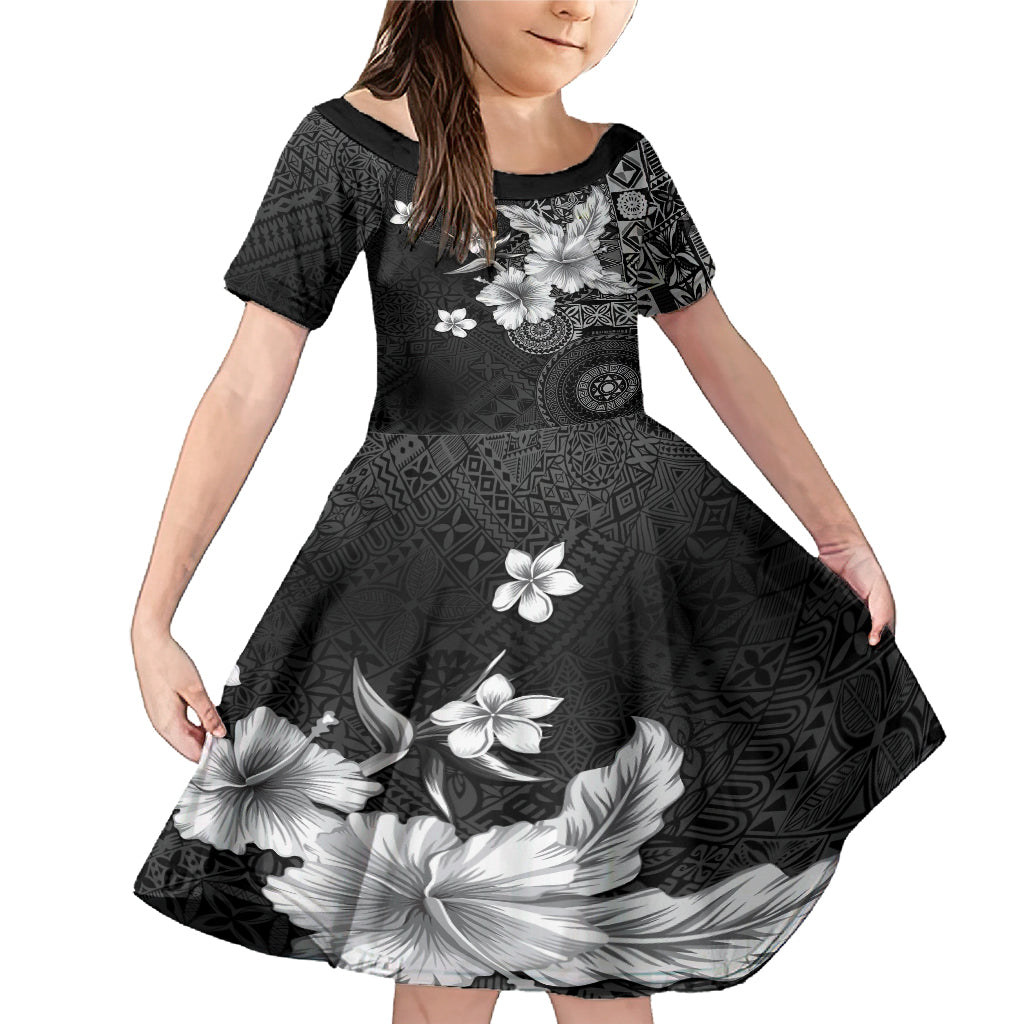 Hawaii Tapa Pattern With Black Hibiscus Family Matching Mermaid Dress and Hawaiian Shirt LT05 Daughter's Dress Black - Polynesian Pride