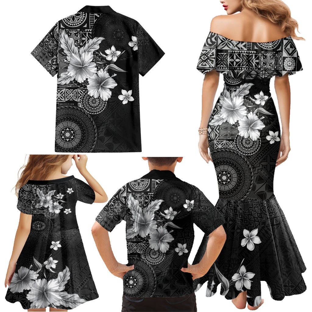 Hawaii Tapa Pattern With Black Hibiscus Family Matching Mermaid Dress and Hawaiian Shirt LT05 - Polynesian Pride