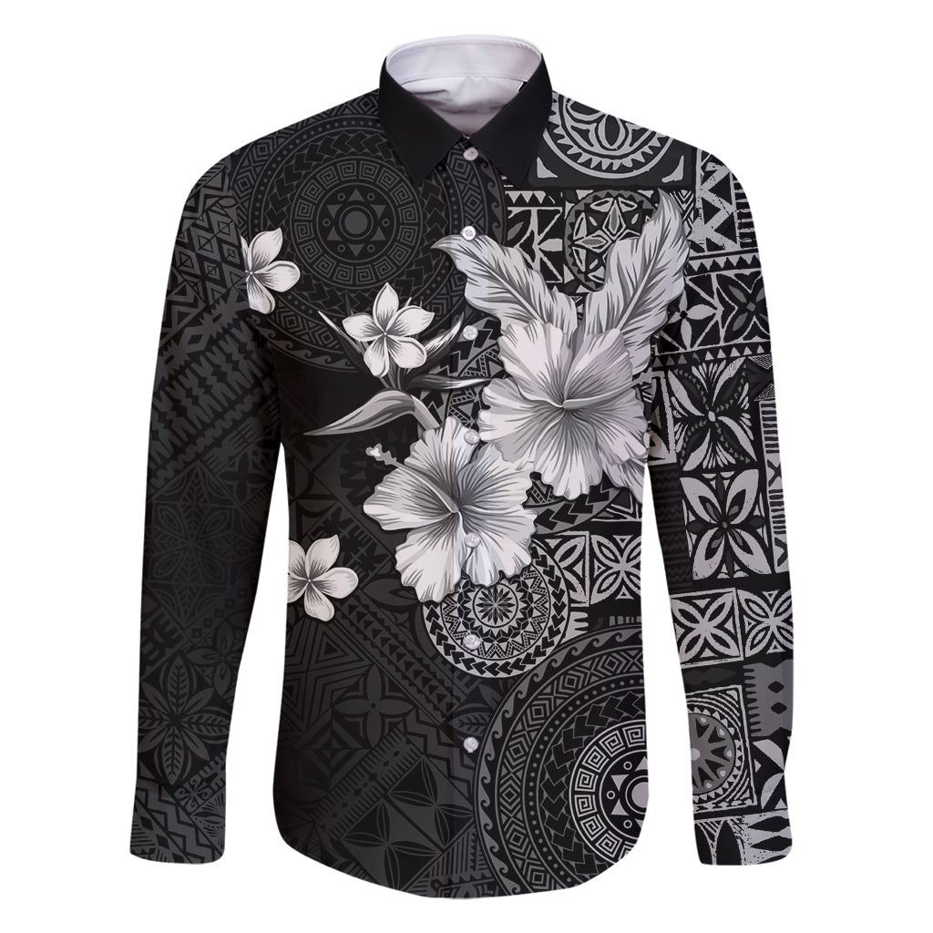Hawaii Tapa Pattern With Black Hibiscus Family Matching Mermaid Dress and Hawaiian Shirt LT05 Dad's Shirt - Long Sleeve Black - Polynesian Pride