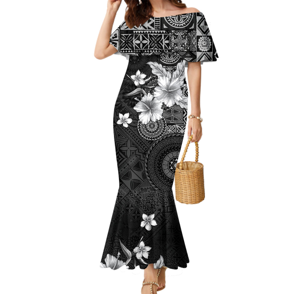 Hawaii Tapa Pattern With Black Hibiscus Family Matching Mermaid Dress and Hawaiian Shirt LT05 Mom's Dress Black - Polynesian Pride