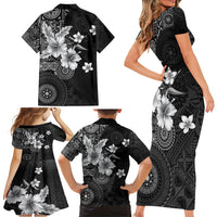 Hawaii Tapa Pattern With Black Hibiscus Family Matching Short Sleeve Bodycon Dress and Hawaiian Shirt