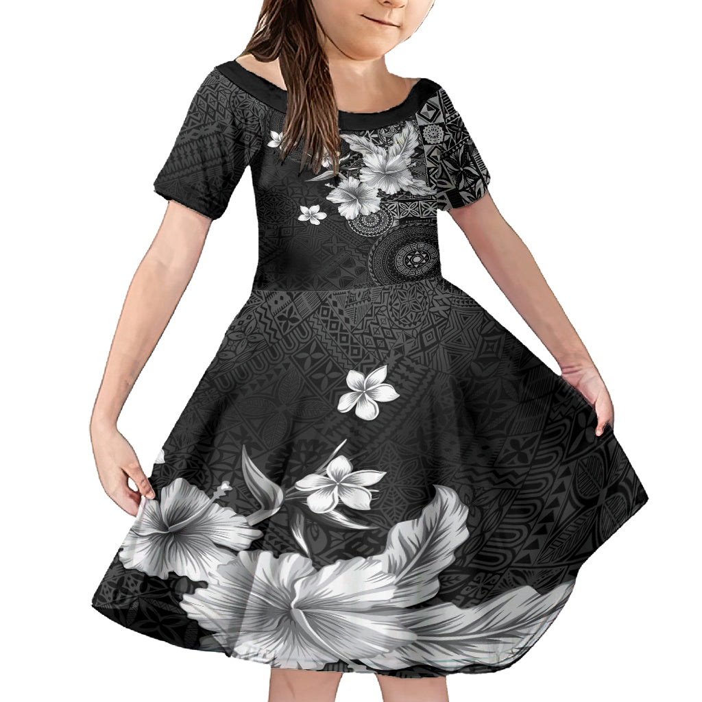 Hawaii Tapa Pattern With Black Hibiscus Family Matching Tank Maxi Dress and Hawaiian Shirt