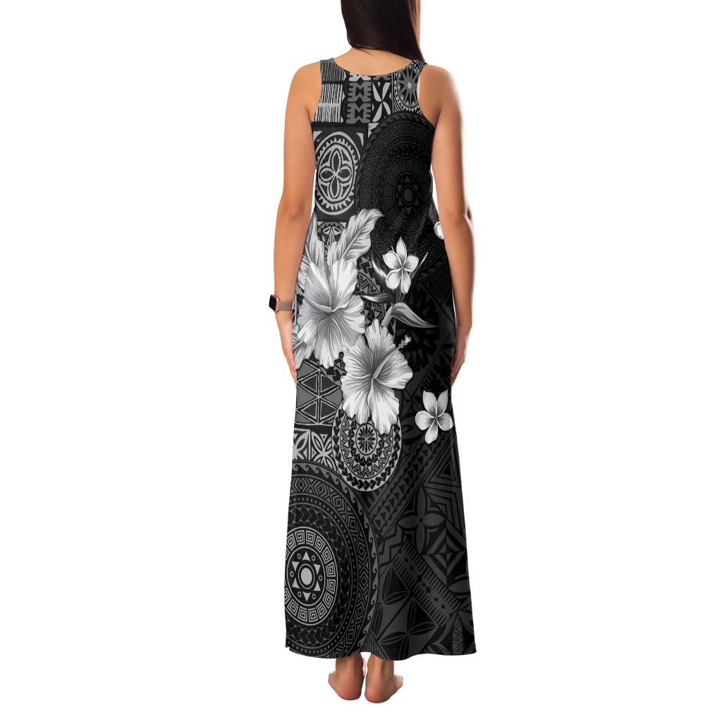 Hawaii Tapa Pattern With Black Hibiscus Family Matching Tank Maxi Dress and Hawaiian Shirt