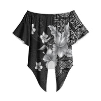 Hawaii Tapa Pattern With Black Hibiscus Off Shoulder Wrap Waist Top LT05 Black - Polynesian Pride
