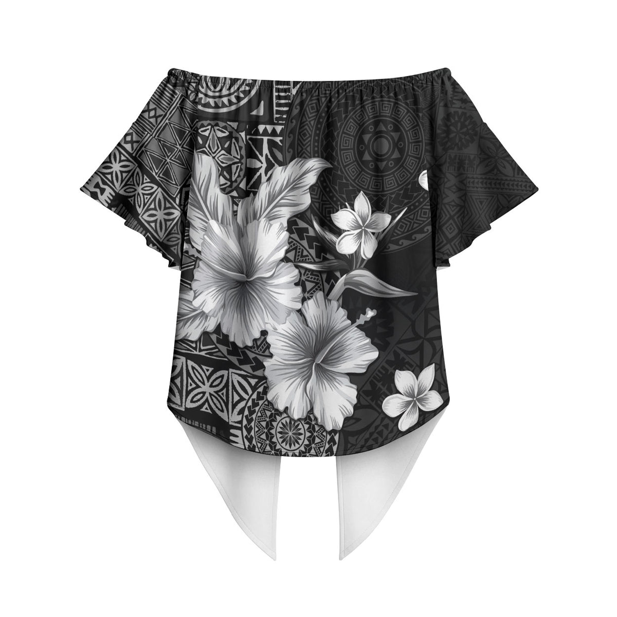 Hawaii Tapa Pattern With Black Hibiscus Off Shoulder Wrap Waist Top LT05 - Polynesian Pride