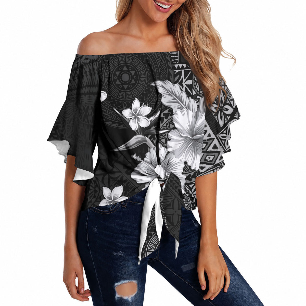 Hawaii Tapa Pattern With Black Hibiscus Off Shoulder Wrap Waist Top LT05 - Polynesian Pride