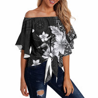 Hawaii Tapa Pattern With Black Hibiscus Off Shoulder Wrap Waist Top LT05 - Polynesian Pride