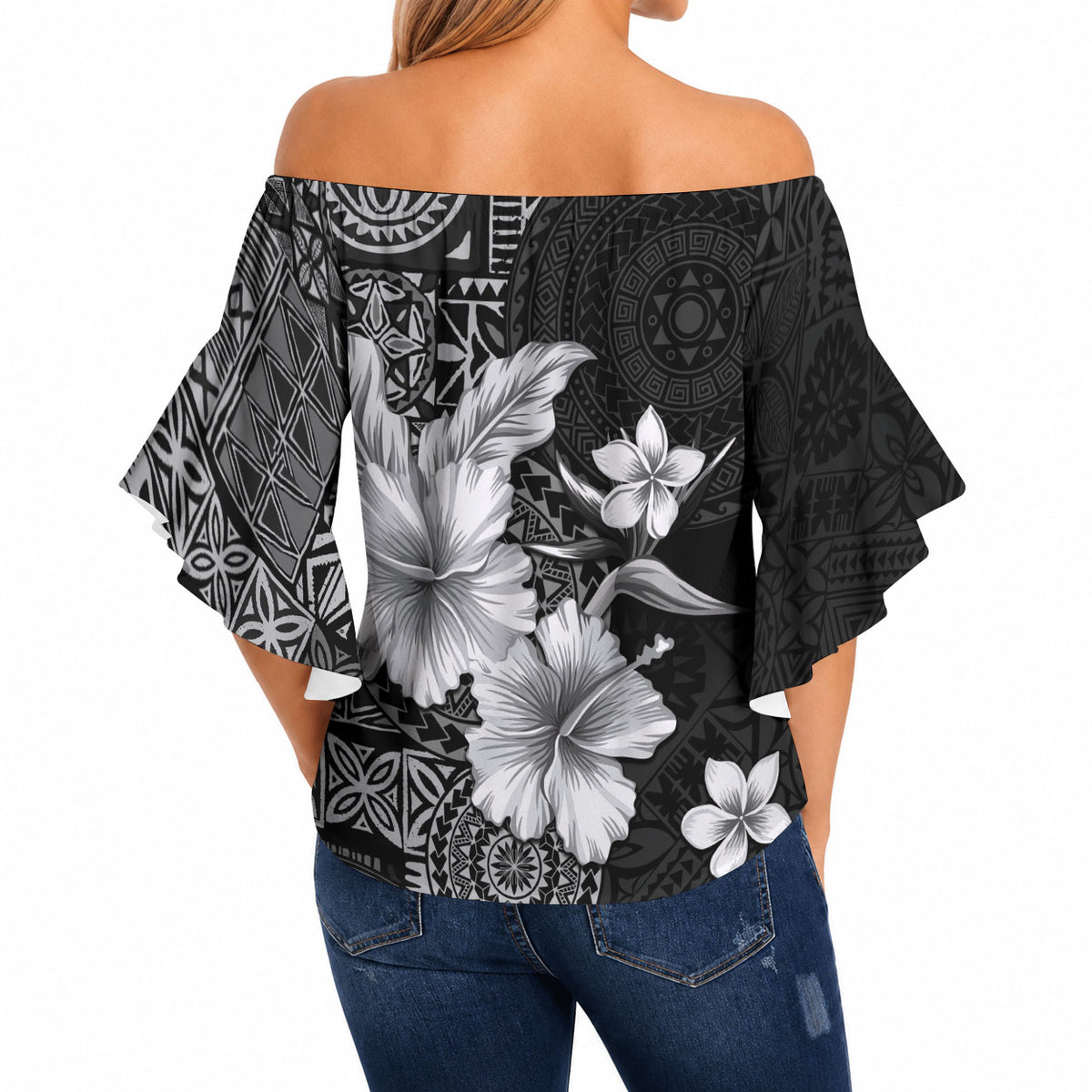 Hawaii Tapa Pattern With Black Hibiscus Off Shoulder Wrap Waist Top LT05 - Polynesian Pride