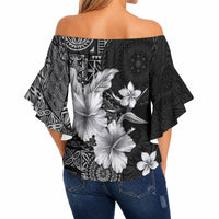 Hawaii Tapa Pattern With Black Hibiscus Off Shoulder Wrap Waist Top LT05 - Polynesian Pride