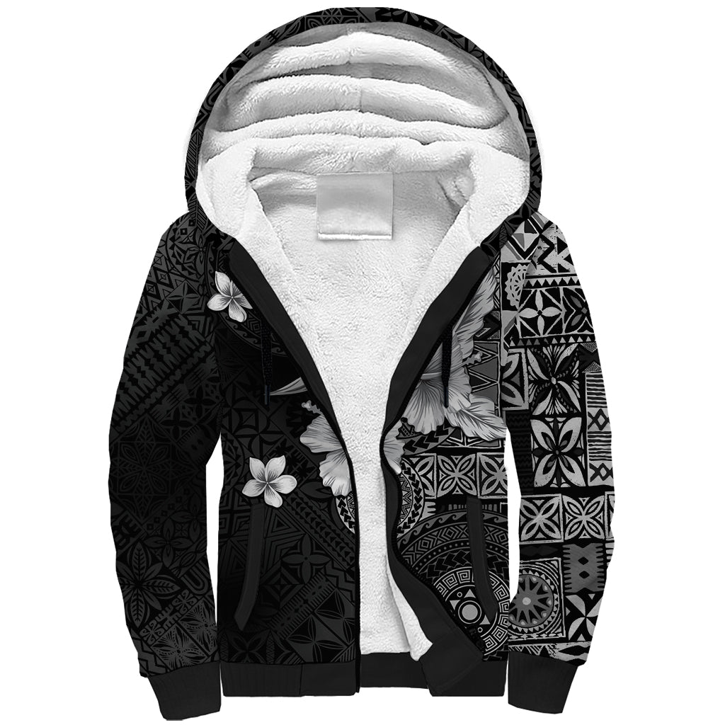 Hawaii Tapa Pattern With Black Hibiscus Sherpa Hoodie LT05 Unisex Black - Polynesian Pride