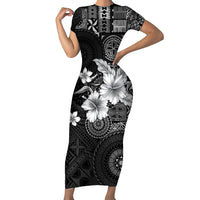 Hawaii Tapa Pattern With Black Hibiscus Short Sleeve Bodycon Dress LT05 Long Dress Black - Polynesian Pride