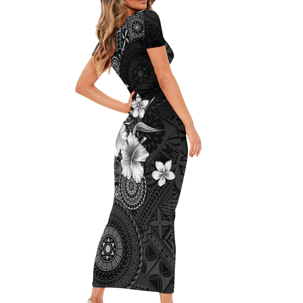 Hawaii Tapa Pattern With Black Hibiscus Short Sleeve Bodycon Dress LT05 - Polynesian Pride