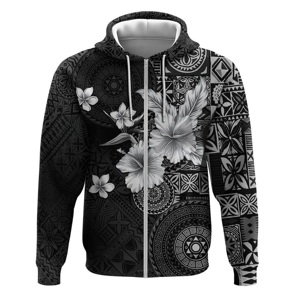 Hawaii Tapa Pattern With Black Hibiscus Zip Hoodie LT05 Zip Hoodie Black - Polynesian Pride