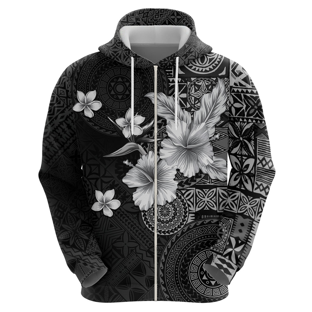 Hawaii Tapa Pattern With Black Hibiscus Zip Hoodie LT05 - Polynesian Pride