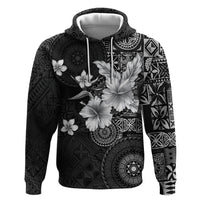 Hawaii Tapa Pattern With Black Hibiscus Zip Hoodie LT05 Pullover Hoodie Black - Polynesian Pride