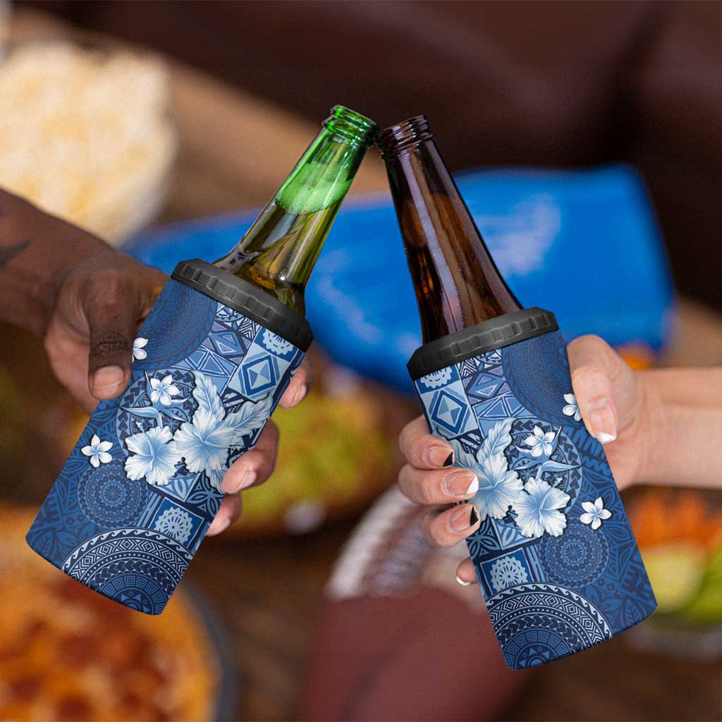 Hawaii Tapa Pattern With Navy Hibiscus 4 in 1 Can Cooler Tumbler
