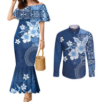 Hawaii Tapa Pattern With Navy Hibiscus Couples Matching Mermaid Dress and Long Sleeve Button Shirt
