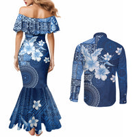 Hawaii Tapa Pattern With Navy Hibiscus Couples Matching Mermaid Dress and Long Sleeve Button Shirt
