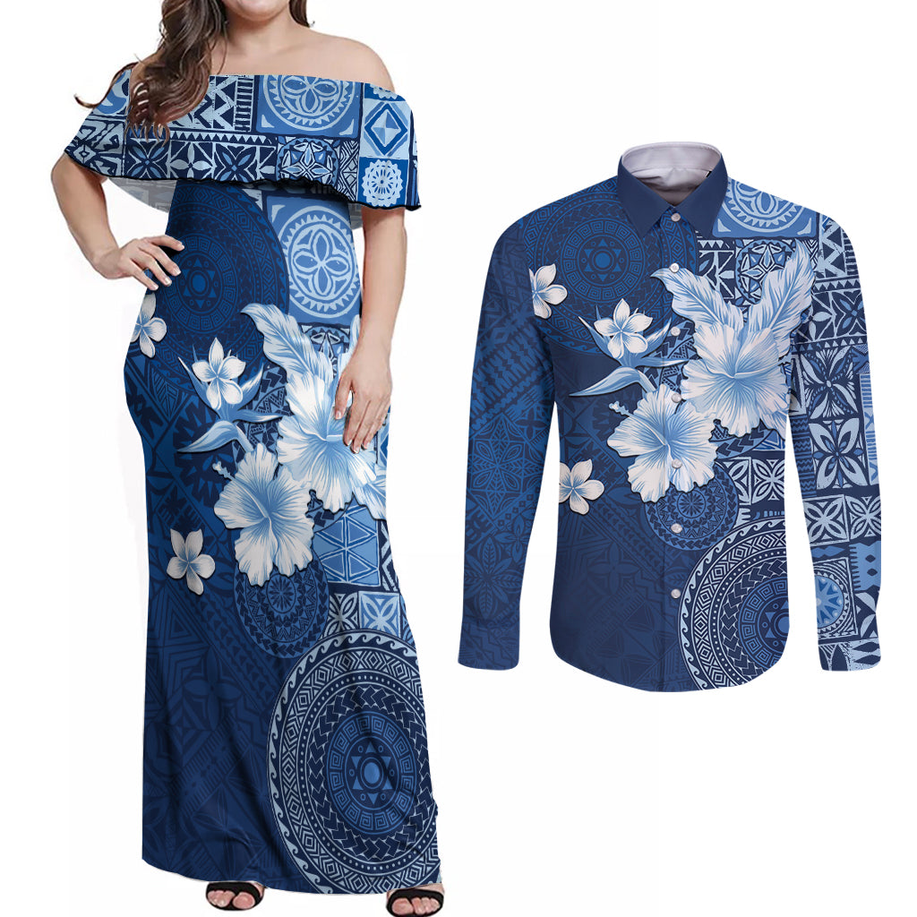 Hawaii Tapa Pattern With Navy Hibiscus Couples Matching Off Shoulder Maxi Dress and Long Sleeve Button Shirt