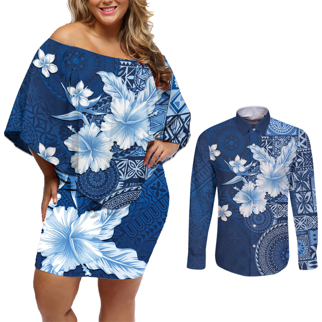 Hawaii Tapa Pattern With Navy Hibiscus Couples Matching Off Shoulder Short Dress and Long Sleeve Button Shirt