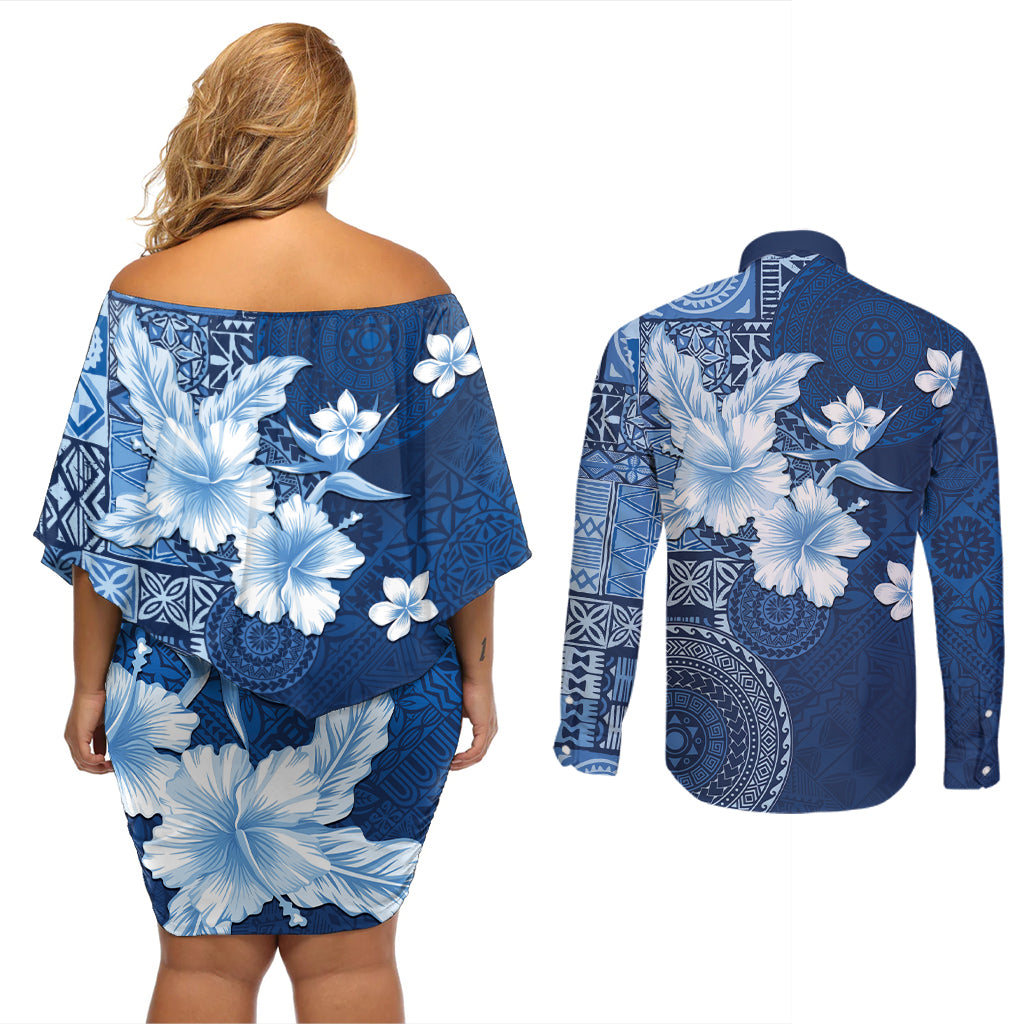 Hawaii Tapa Pattern With Navy Hibiscus Couples Matching Off Shoulder Short Dress and Long Sleeve Button Shirt