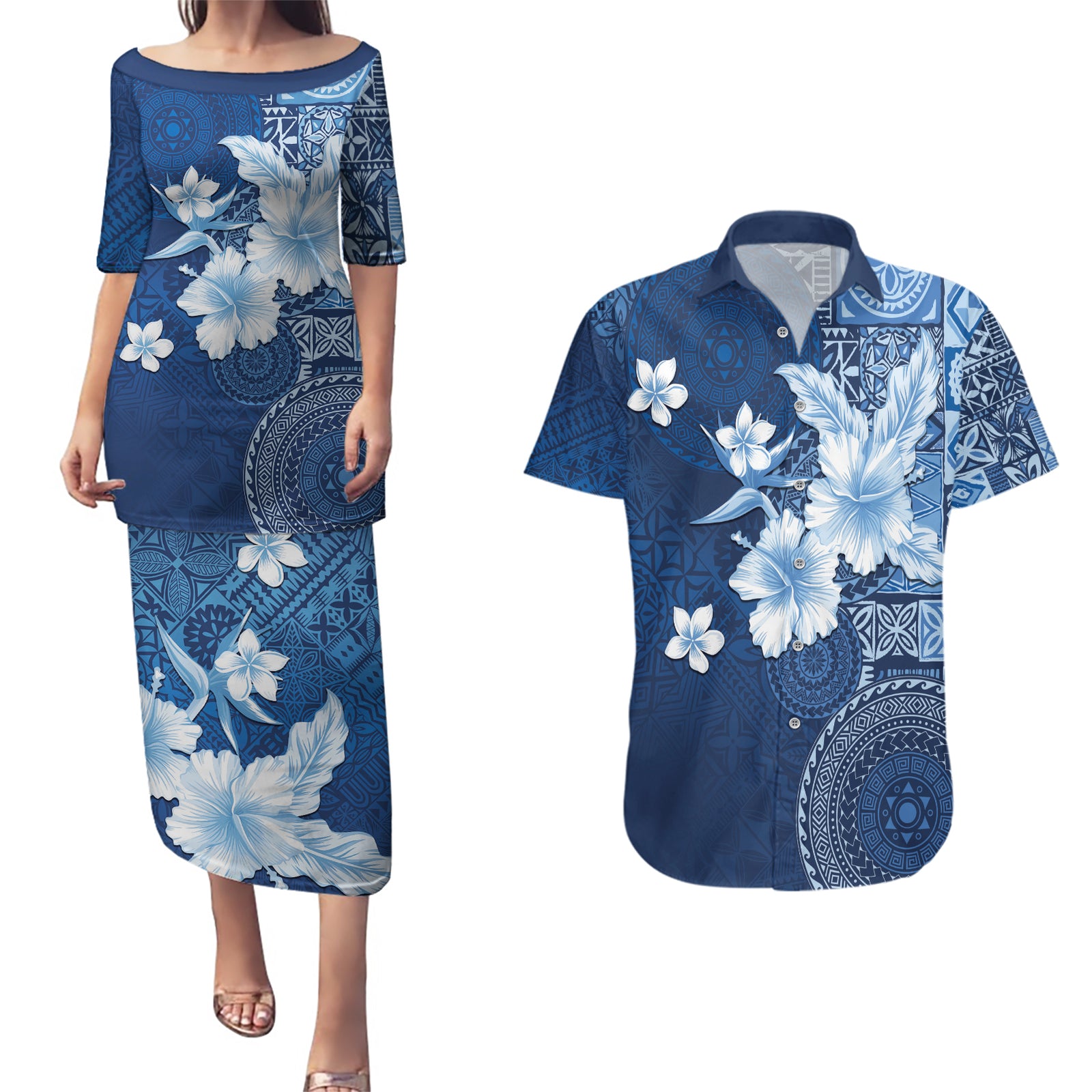 Hawaii Tapa Pattern With Navy Hibiscus Couples Matching Puletasi and Hawaiian Shirt LT05 Navy - Polynesian Pride