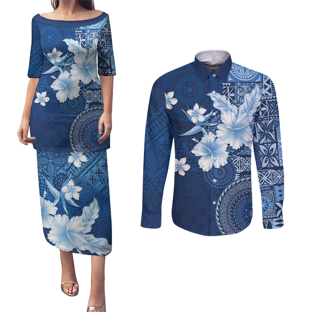 Hawaii Tapa Pattern With Navy Hibiscus Couples Matching Puletasi and Long Sleeve Button Shirt LT05 Navy - Polynesian Pride