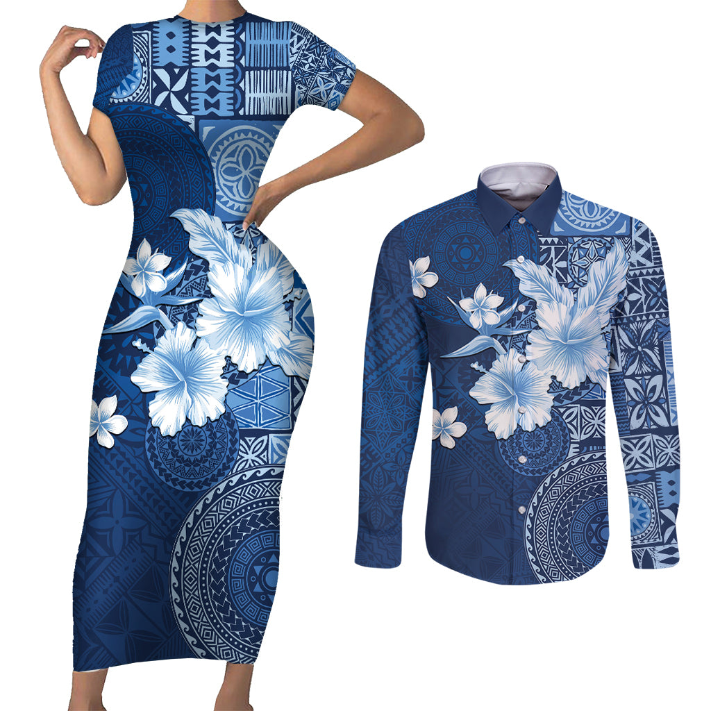 Hawaii Tapa Pattern With Navy Hibiscus Couples Matching Short Sleeve Bodycon Dress and Long Sleeve Button Shirt