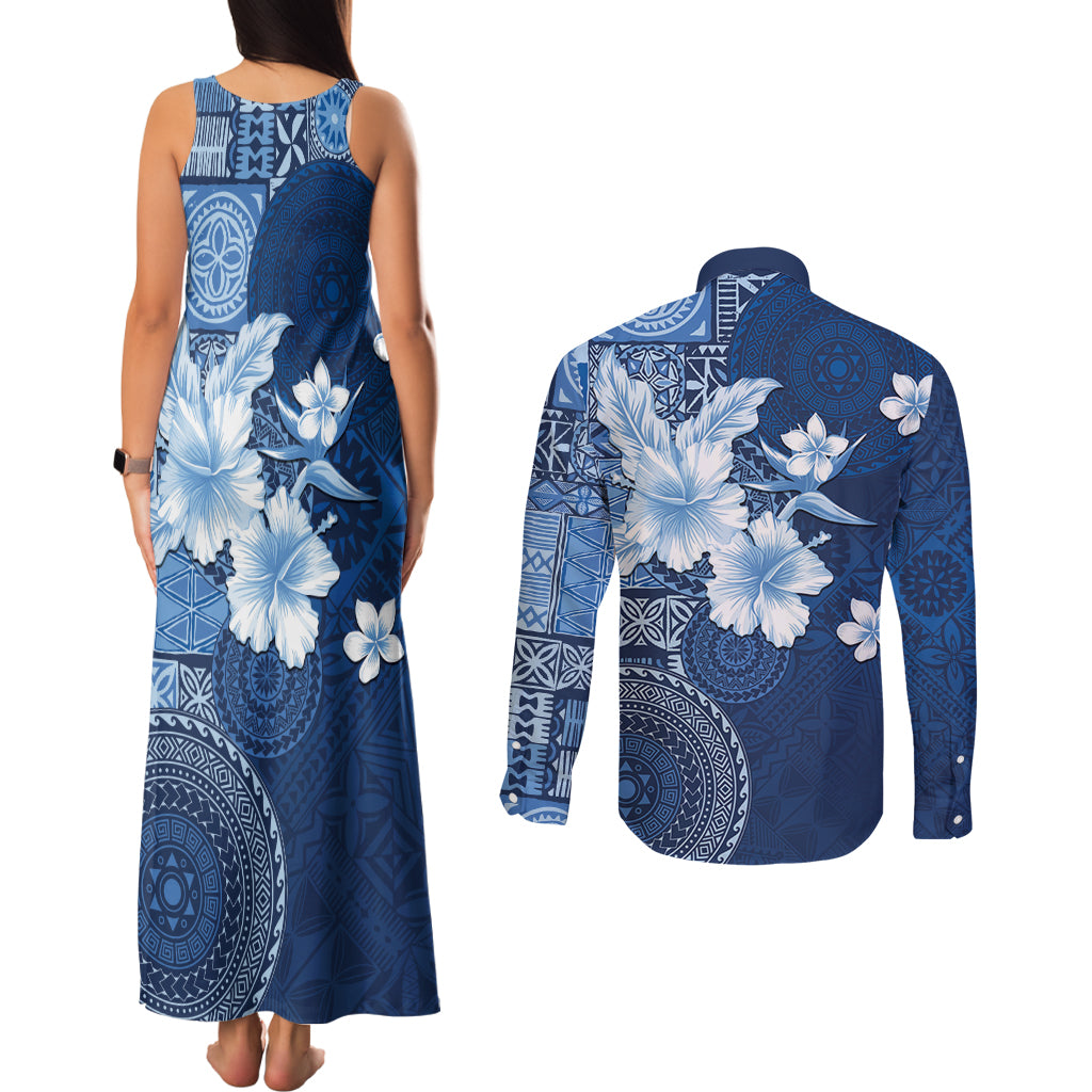 Hawaii Tapa Pattern With Navy Hibiscus Couples Matching Tank Maxi Dress and Long Sleeve Button Shirt